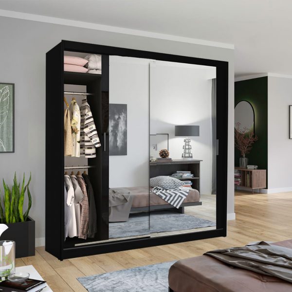 Chicago Black Full Mirror Sliding Door Wardrobe-203cm Size