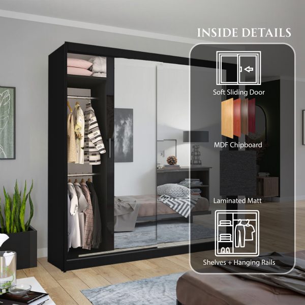 Chicago Black Full Mirror Sliding Door Wardrobe-203cm Size
