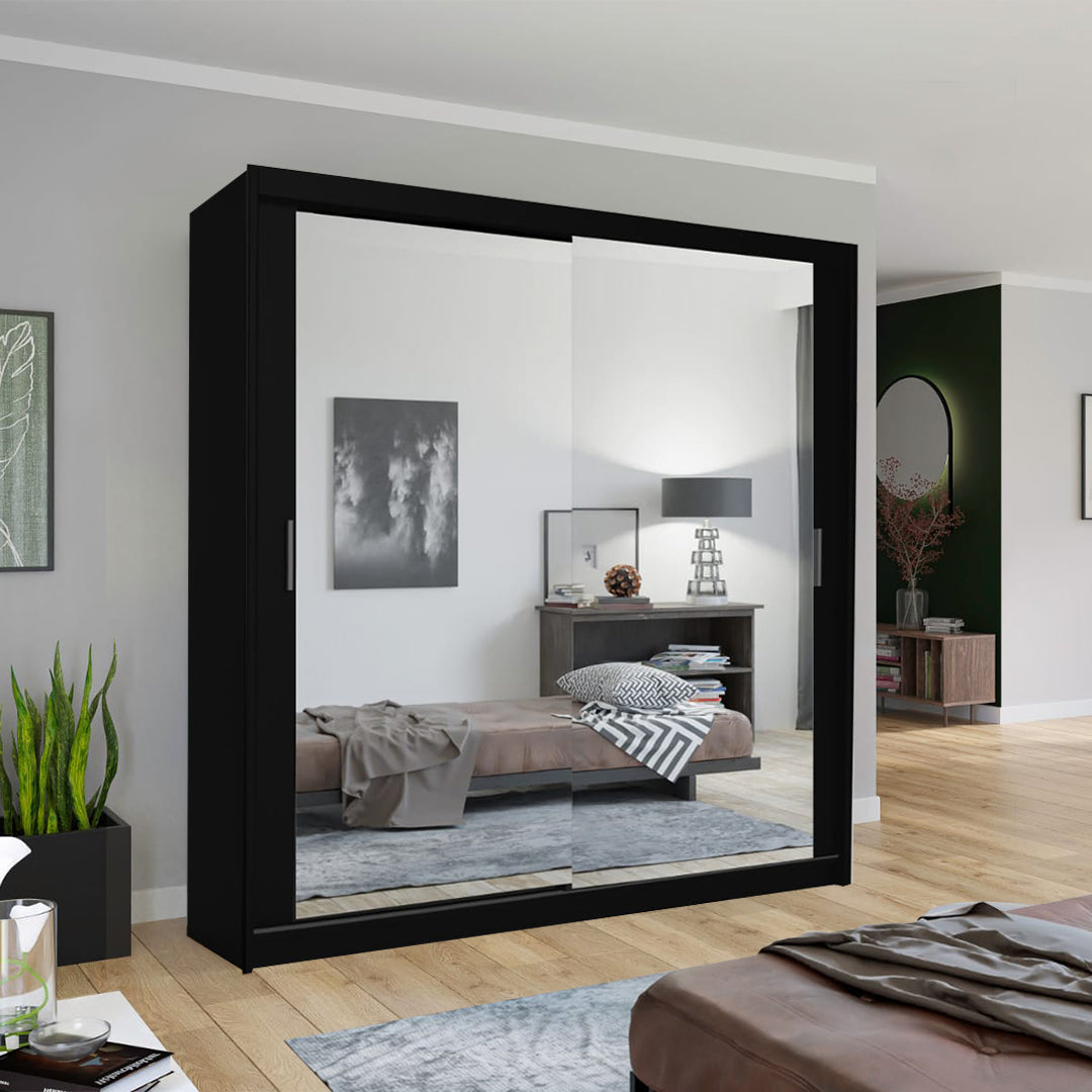 Chicago Black Full Mirror Sliding Door Wardrobe-203cm Size